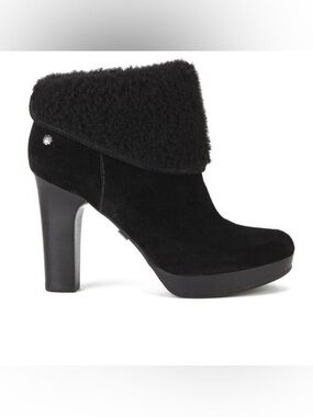 UGG Black Suede Shearling Fold-Over High-Heel Ankle Boots